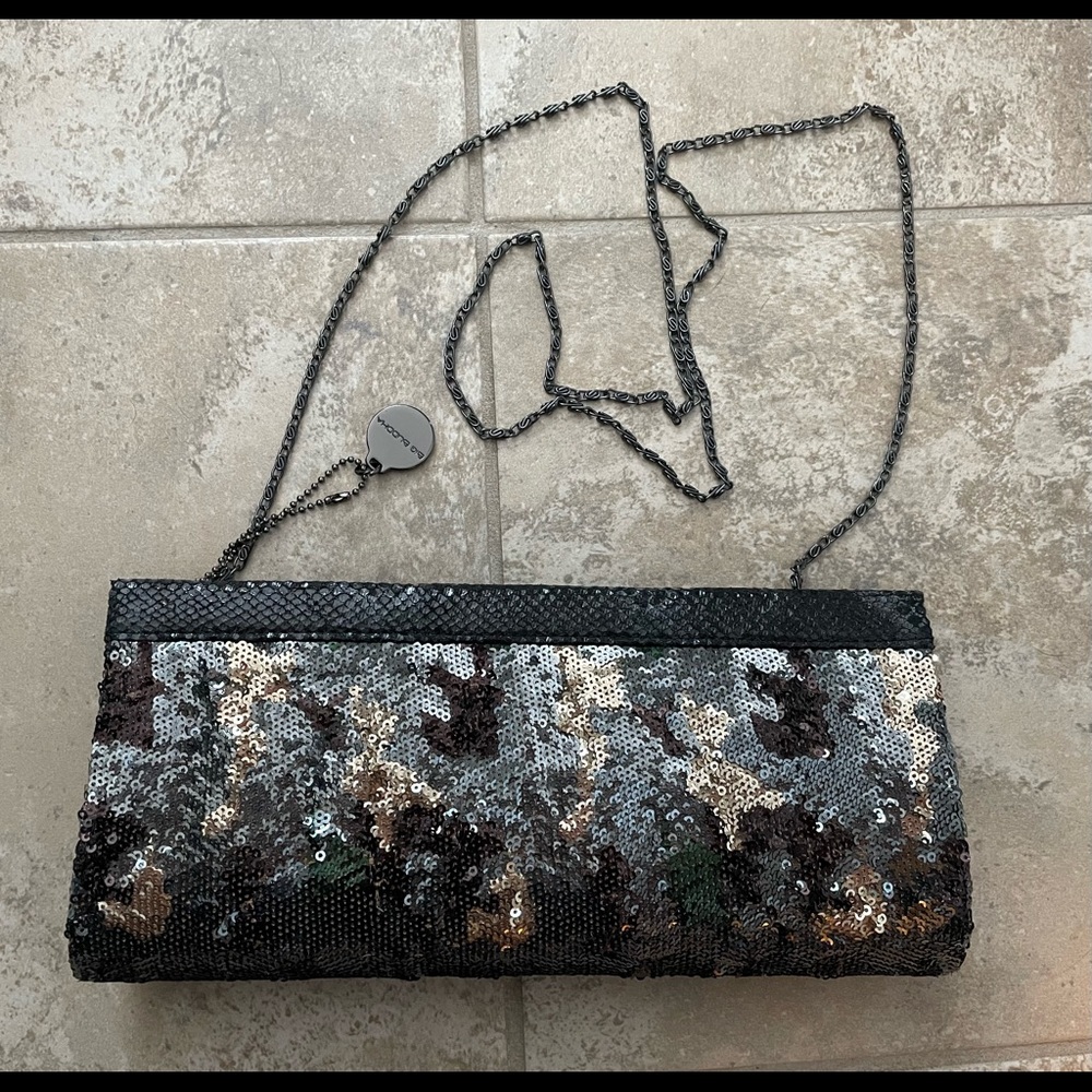 BRAND NEW! Big Buddha camo sequin clutch